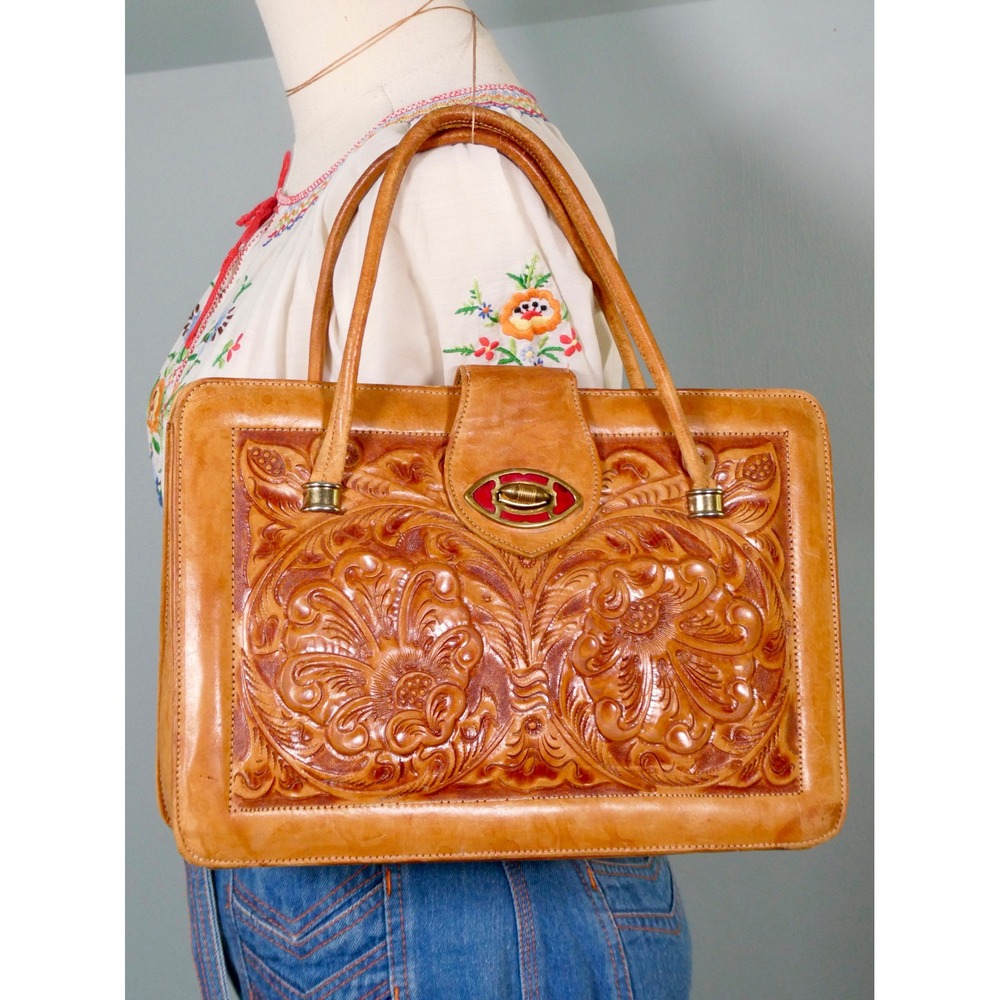 Vintage 1960s Tooled Leather Handbag Purse Bag Boho 60s Hippie 70s Western 1970s